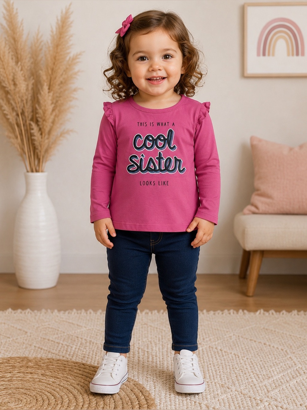 Okie Dokie Girls 24M Cool Sister Pink Ruffle Long Sleeve Graphic Tee